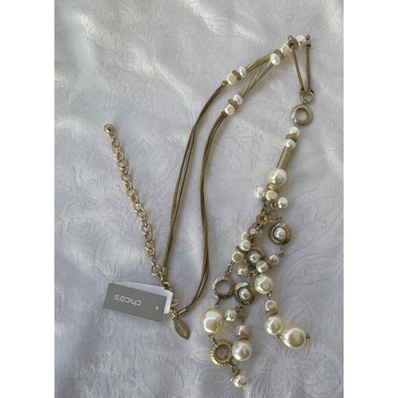 Chicos Pearl Cluster Pendant Gold Tone 17" Long Statement Necklace NEW - Picture 13 of 16